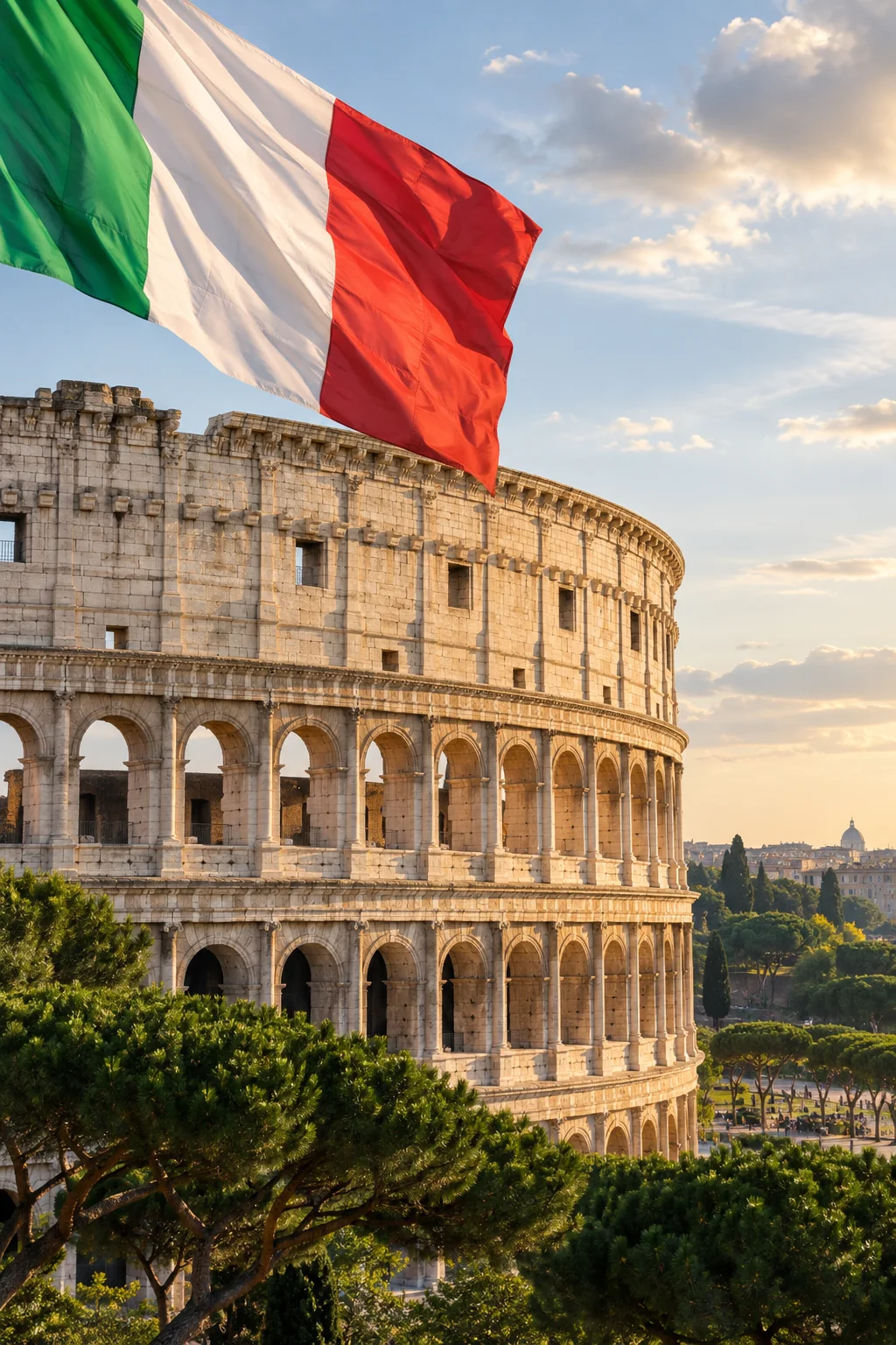 Bandeira italiana diante do Coliseu, em Roma