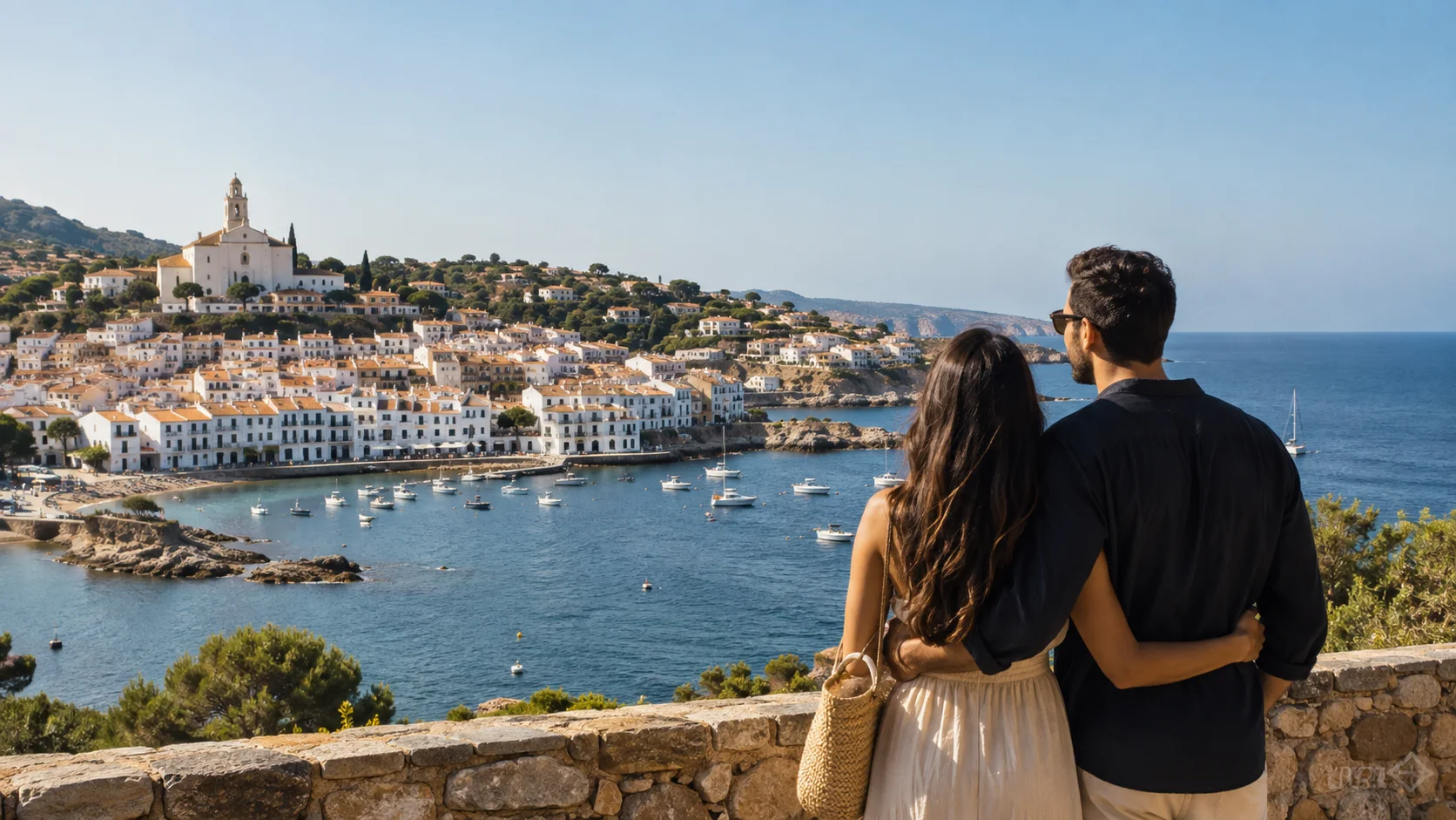 Casal observando uma cidade costeira na Espanha
