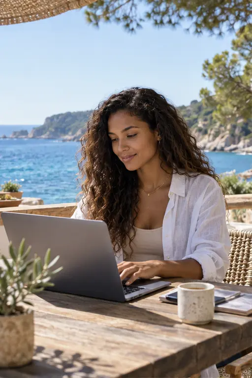 Estudante trabalhando em um notebook diante do mar